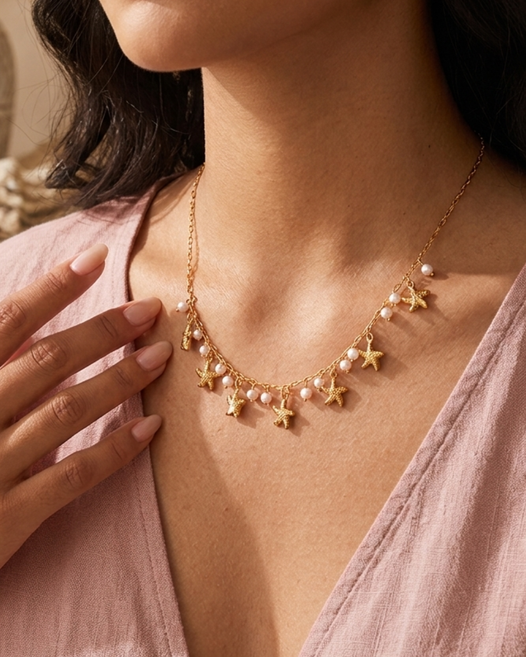 Collier Étoiles de Mer &amp; Perles – Acier Inoxydable